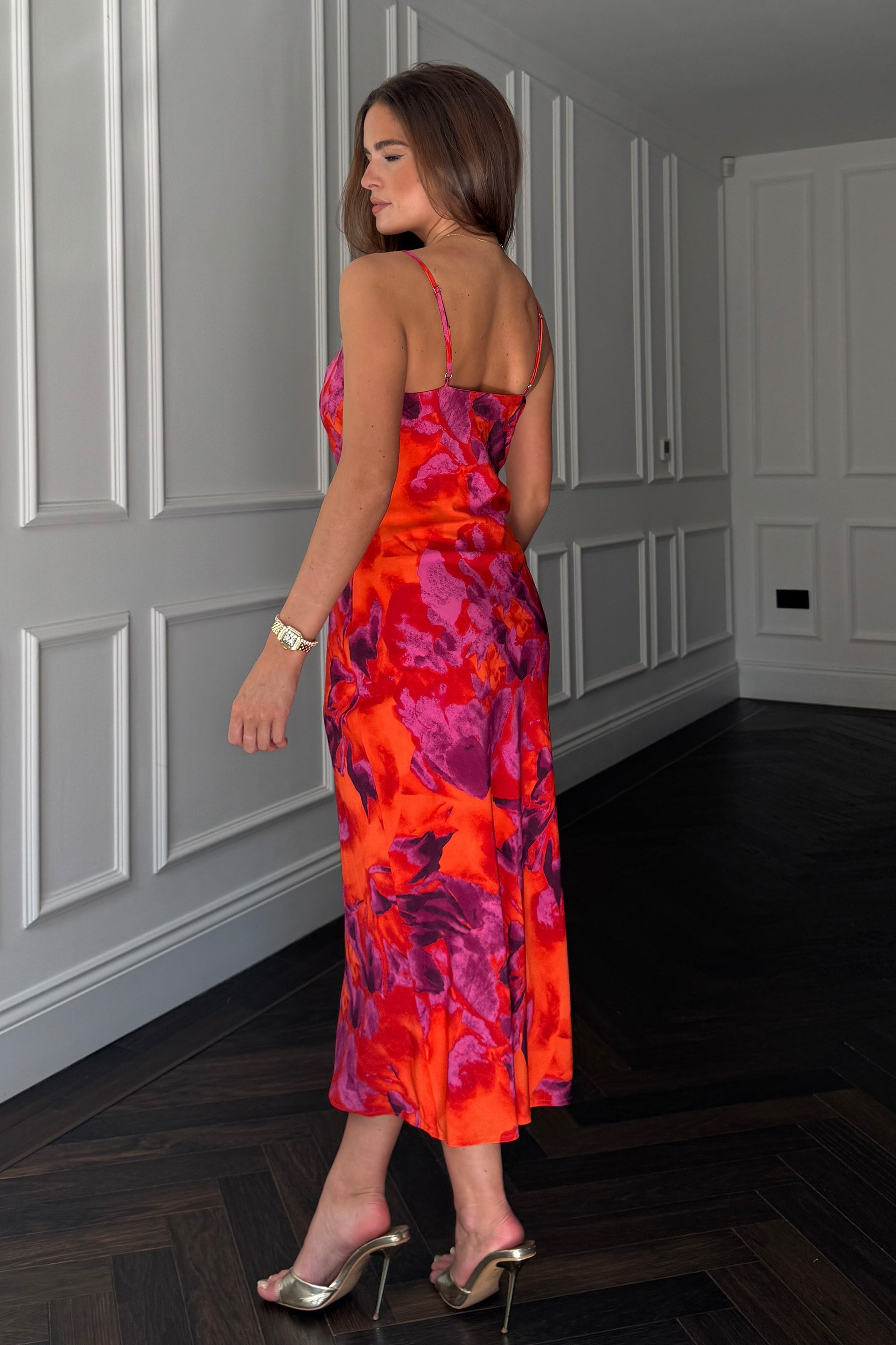 Ladies Naomi Orange Floral Slip Midi Dress-Model Back View
