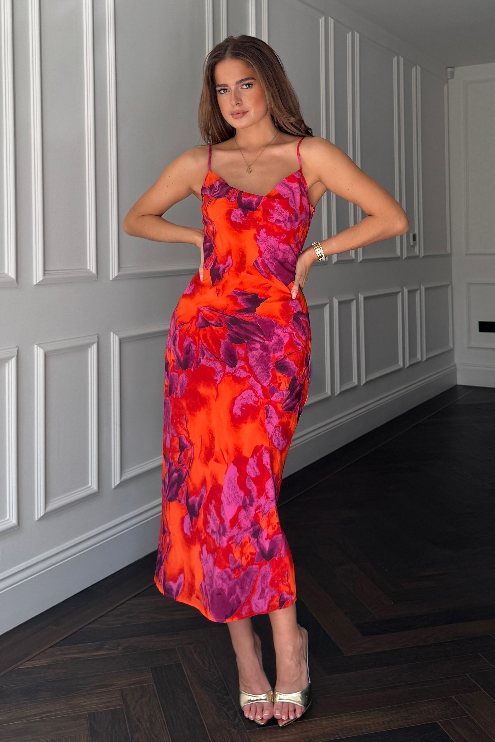 Naomi Orange Floral Slip Midi Dress