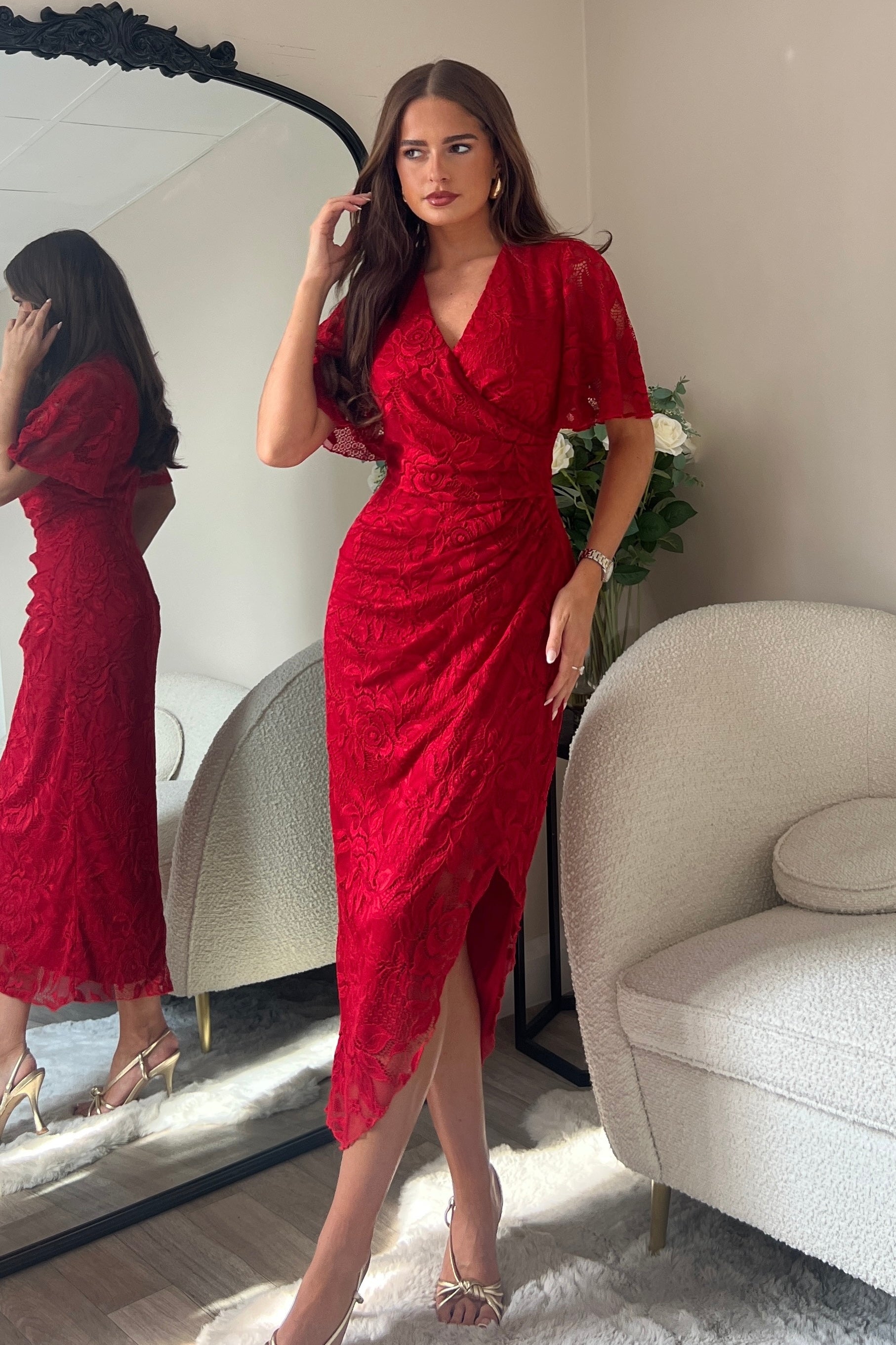 Front view of Natasha red lace midi dress with angel sleeves