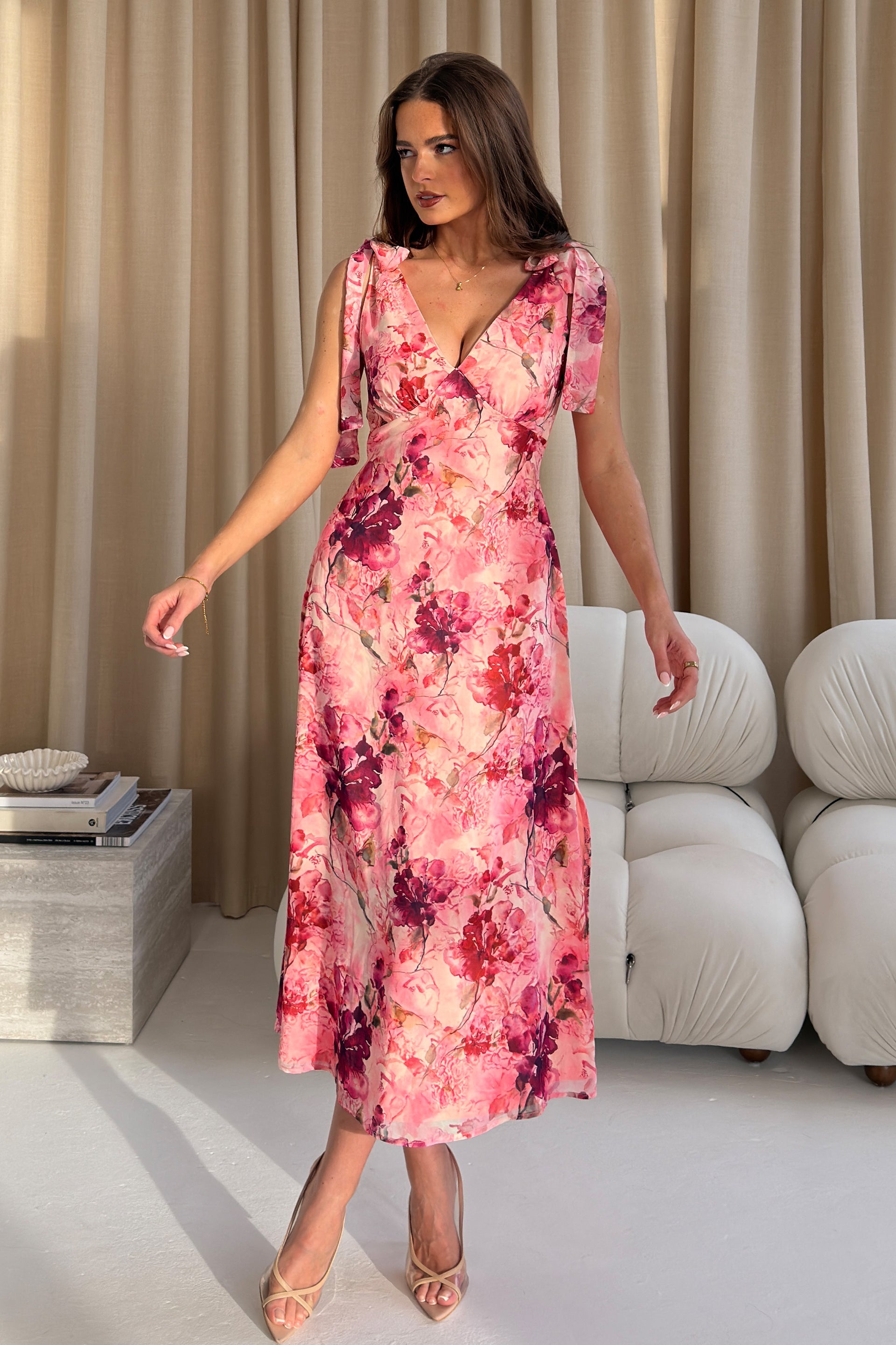 Girl In Mind Beverly Floral Tie Shoulder Midi Dress PINK back view