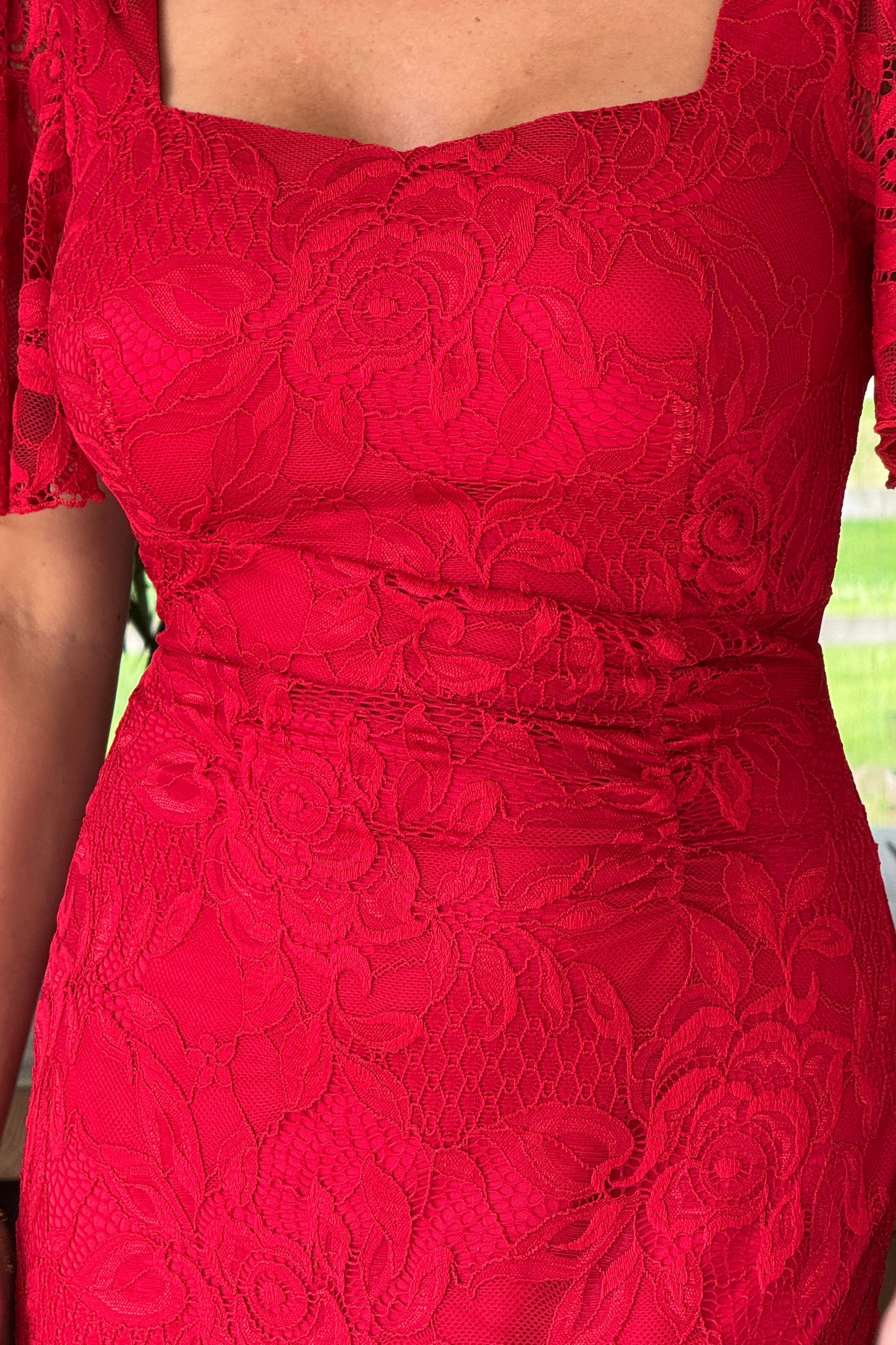 Girl In Mind Heidi Red Lace Ruched Midi Dress RED model front view
