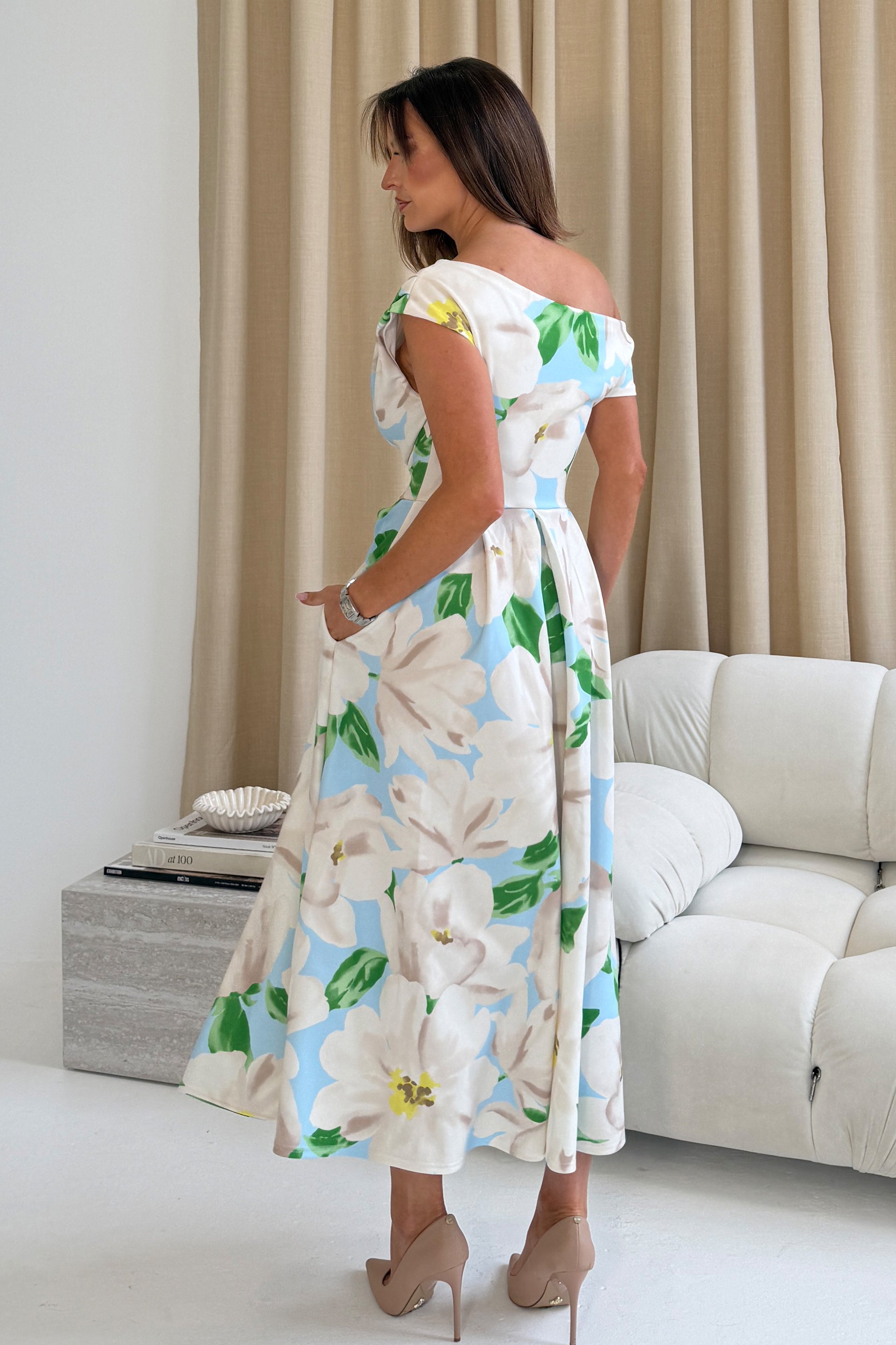Close-up of floral print on Betty sky midi dress