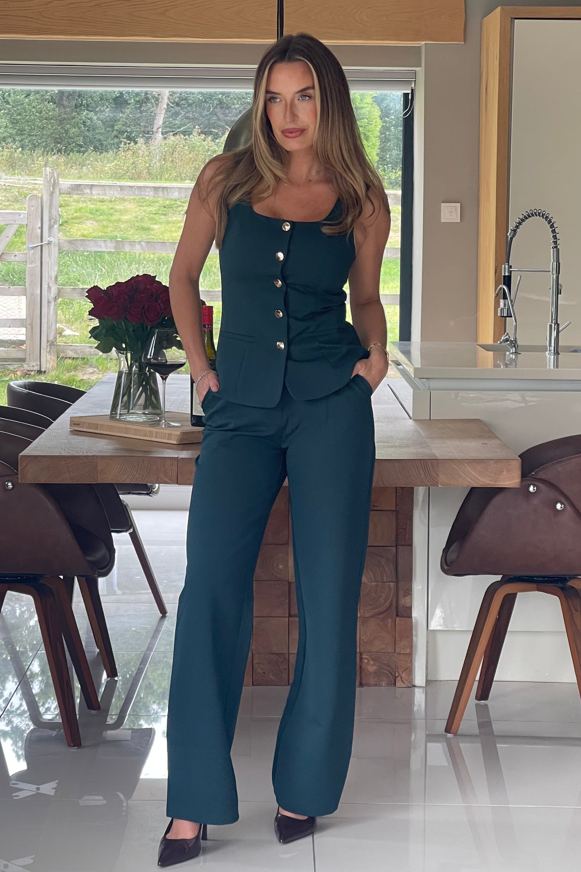 Ladies Jamie Emerald Green Waistcoat With Square Neckline-Model Full Front View
