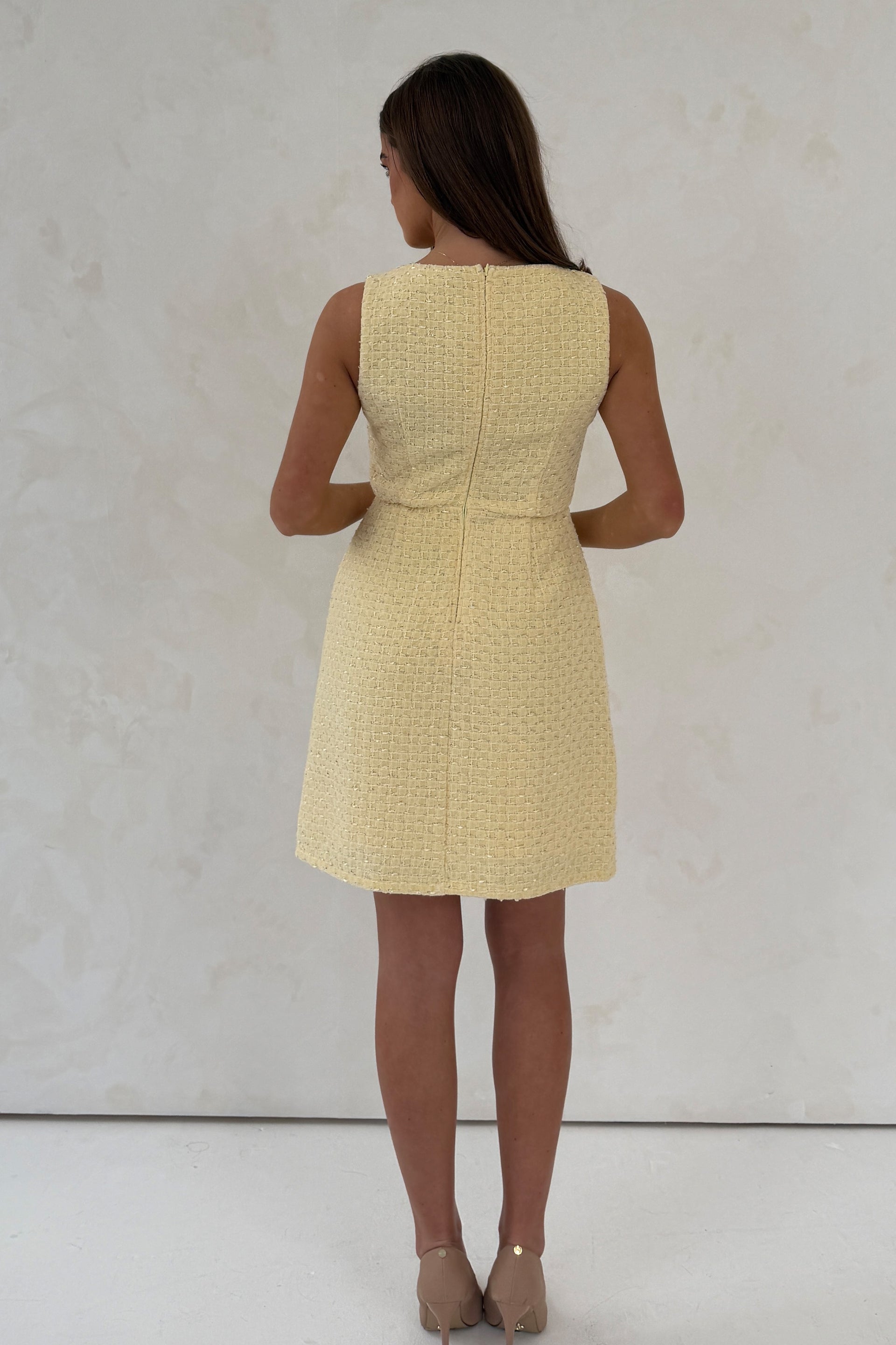 Girl In Mind Athenia Tweed Pocket Detail Yellow Mini Dress YELLOW model front view