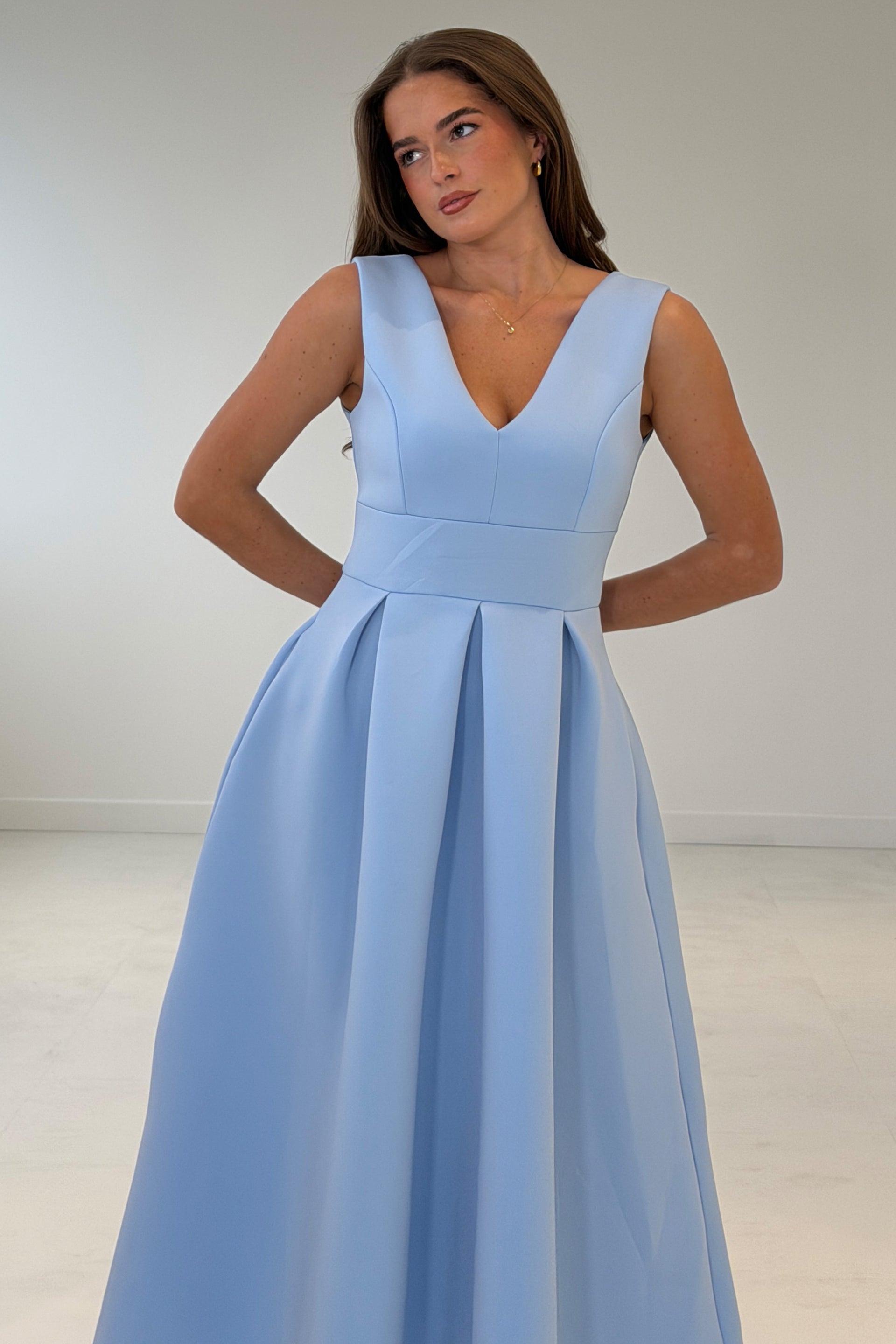 Girl In Mind Bethany blue V-neck skater midi dress, front model view