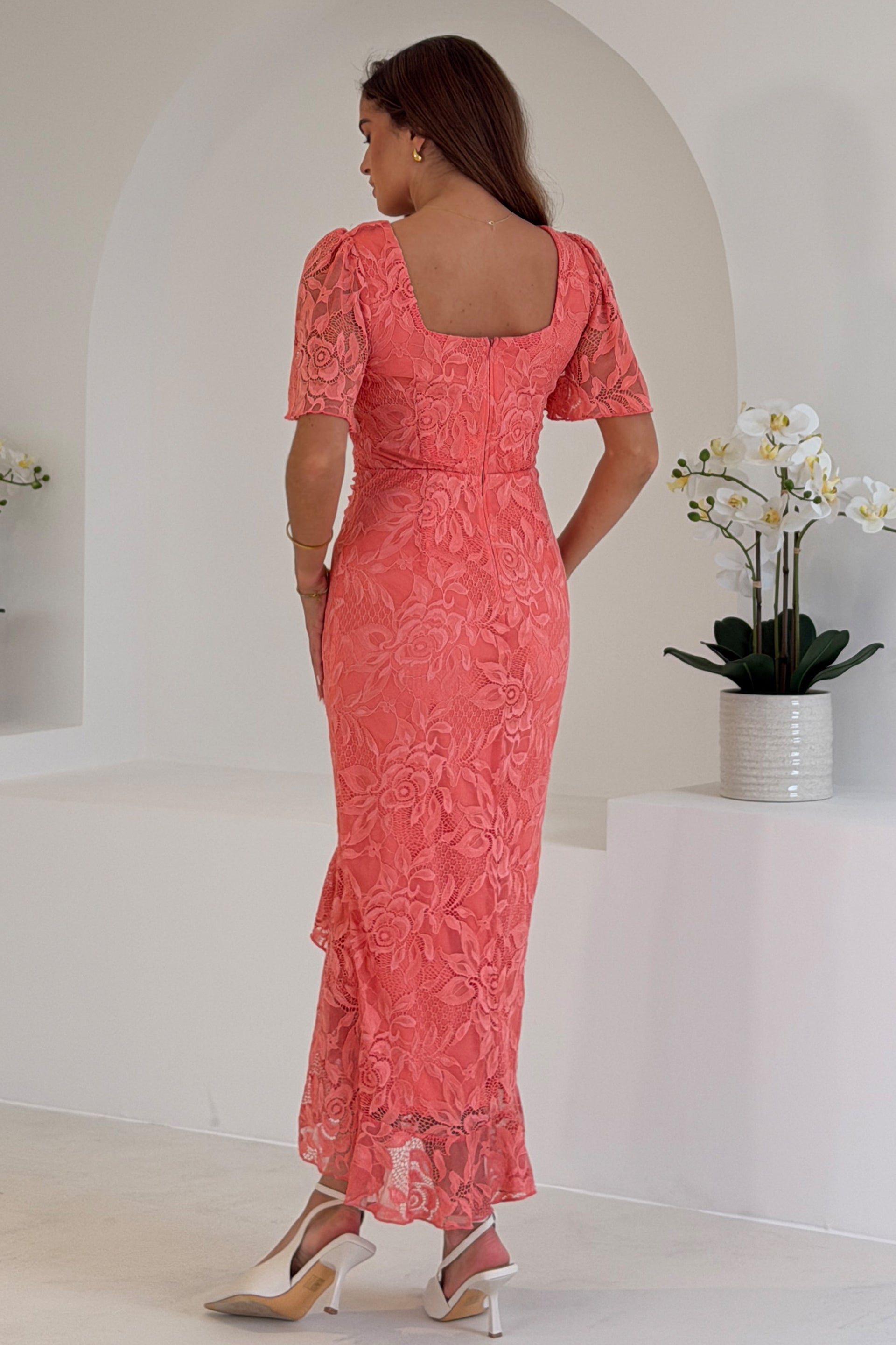 Girl In Mind Heidi Lace Ruched Midi Peach Dress Peach side view