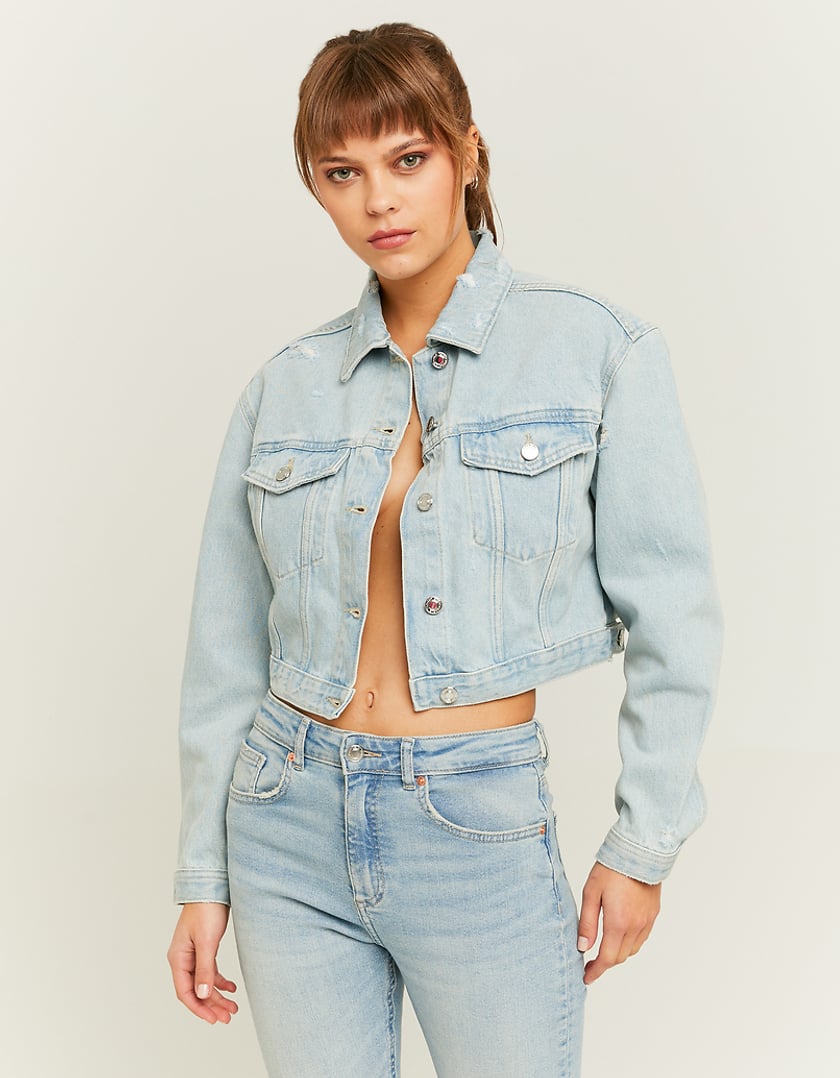 Ladies Blue Cropped Denim Jacket-Model Front View