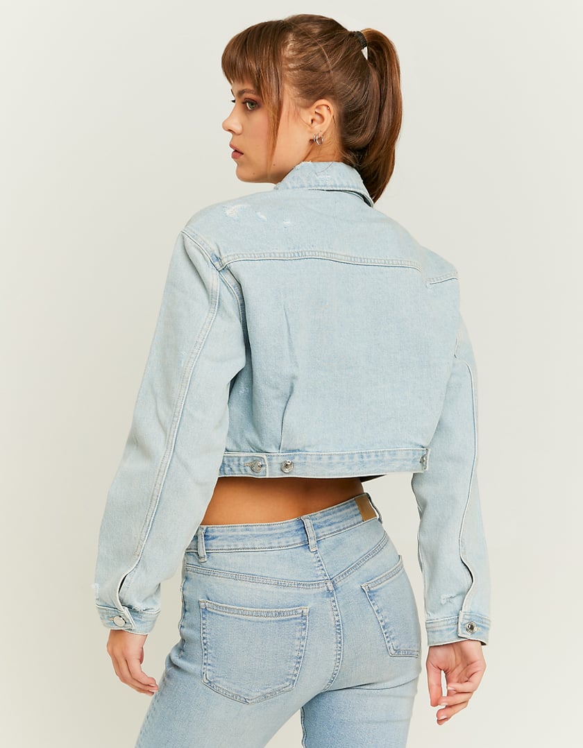 Ladies Blue Cropped Denim Jacket-Model Back View