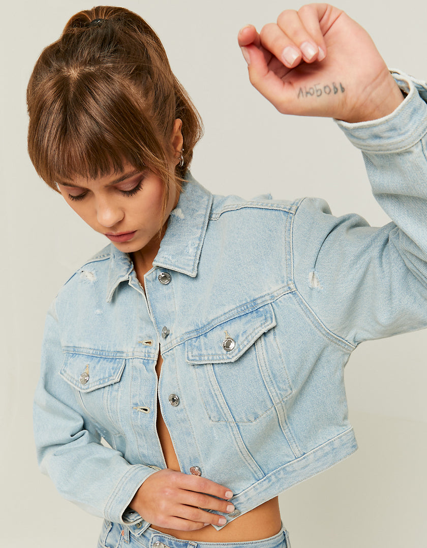 Ladies Blue Cropped Denim Jacket-Closer View of Front