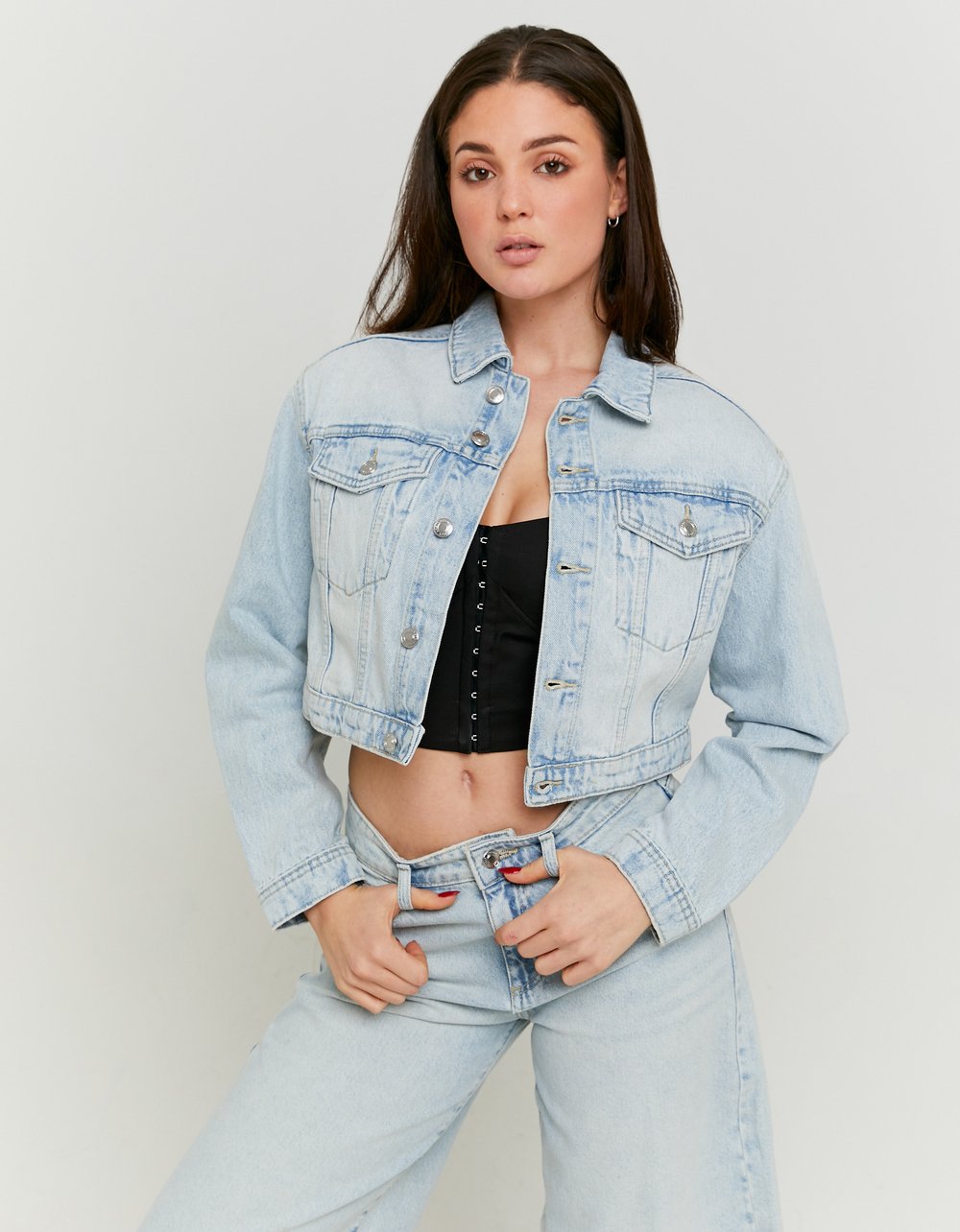 Ladies Blue Short Denim Jacket-Model Front View