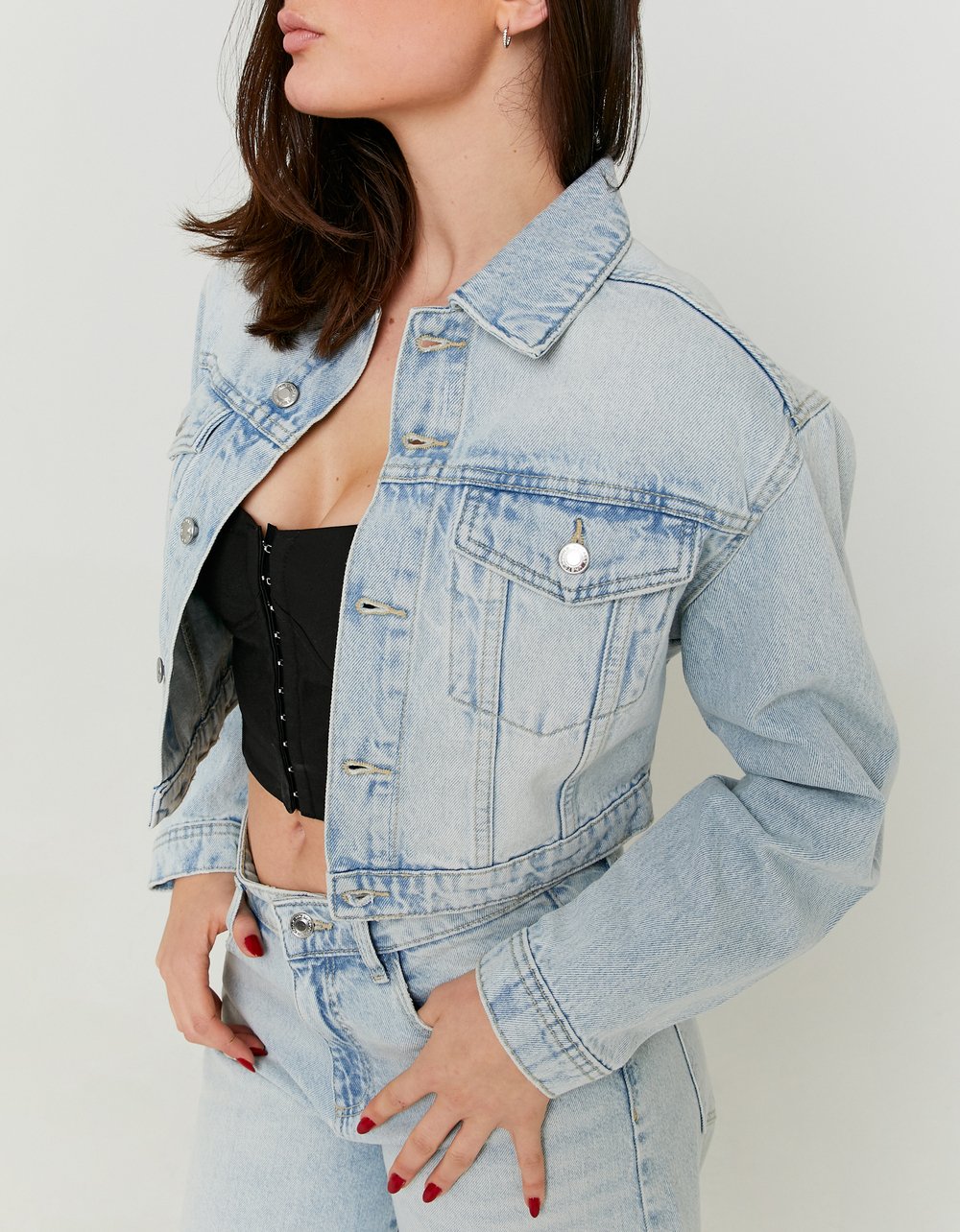 Ladies Blue Short Denim Jacket-Closer View of the Front
