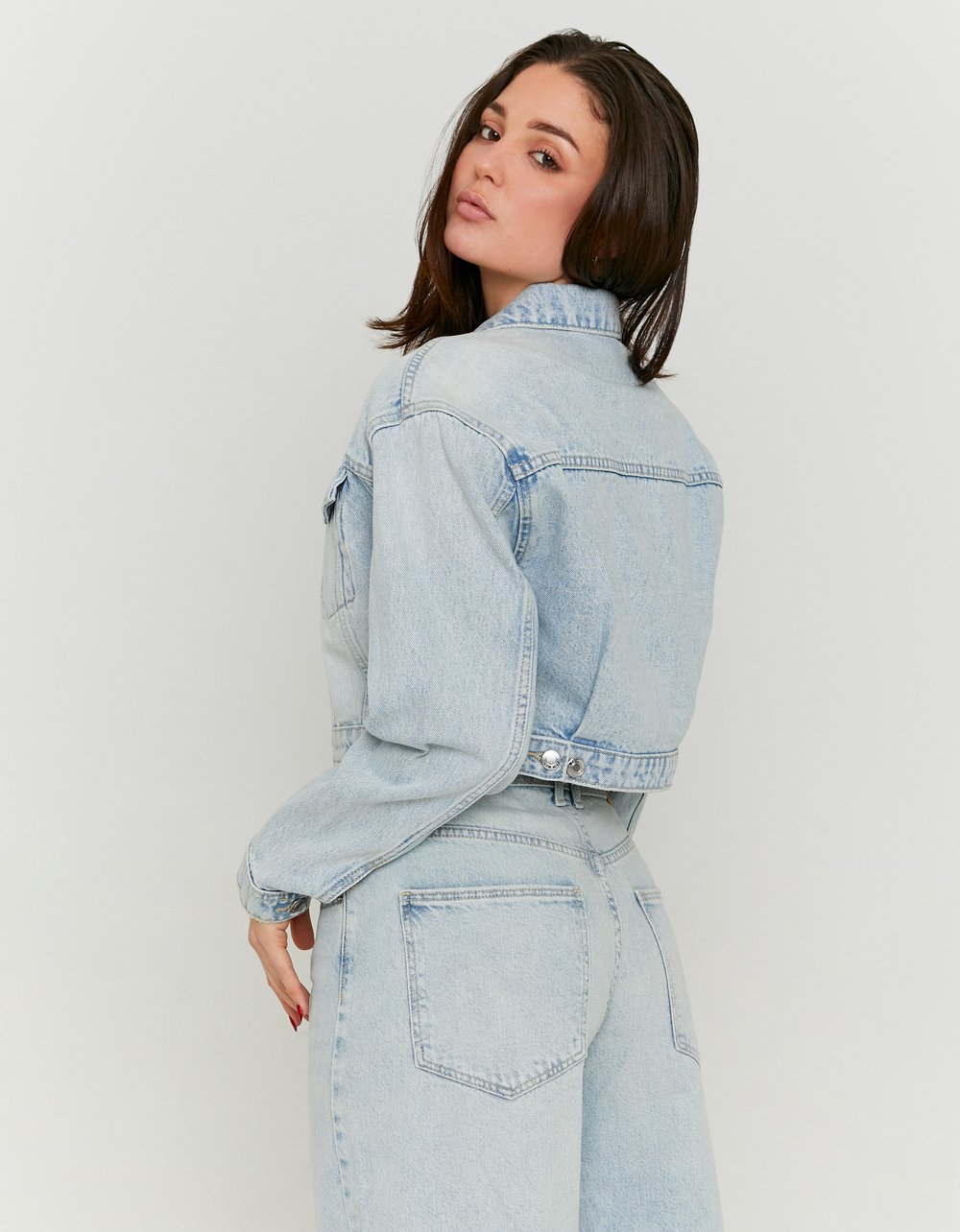 Ladies Blue Short Denim Jacket-Model Back View