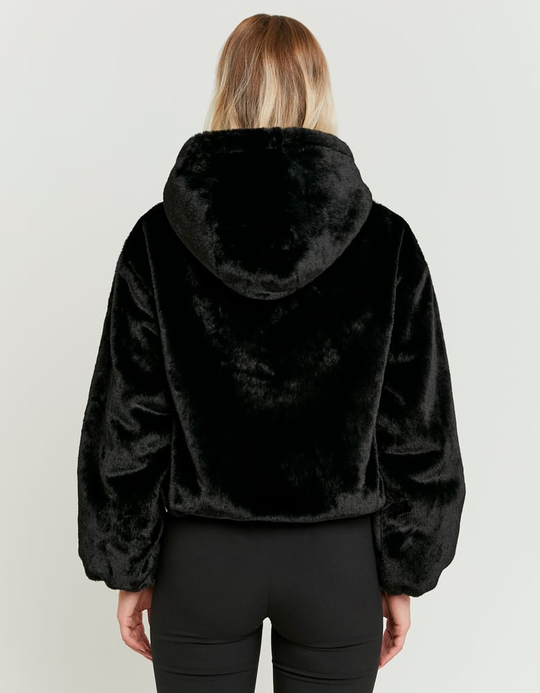 Back view of black faux fur jacket