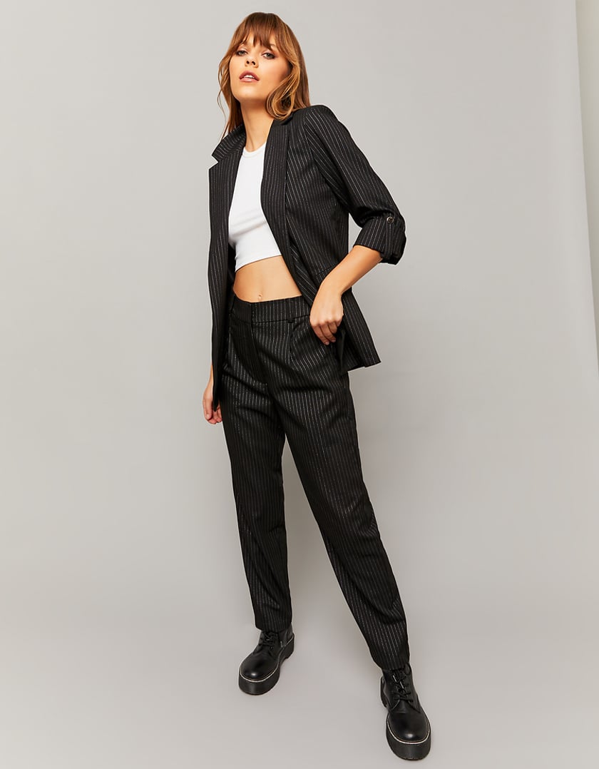 Ladies Black Blazer With Glitter Stripe-Model Full Front View