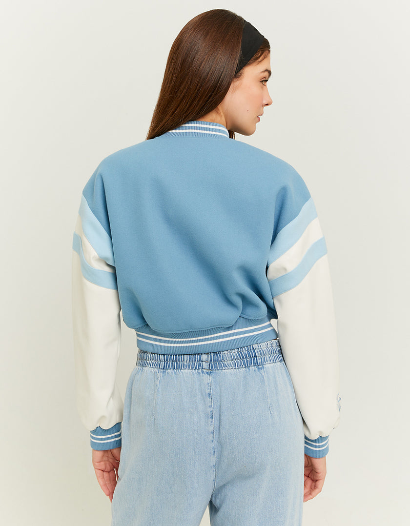Ladies Blue Cropped Varsity Jacket-Model Back View