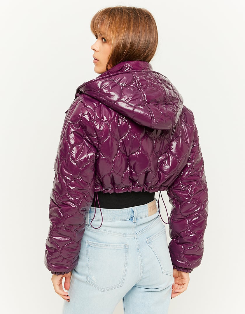 Ladies Purple Cropped Padded Jacket Vinyle Effect-Model Back View