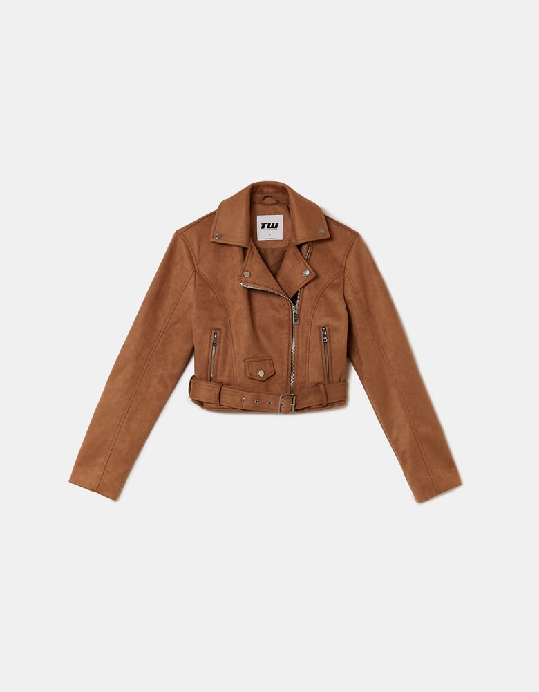 Tally Weijl Brown Suede Biker Jacket Tan back view