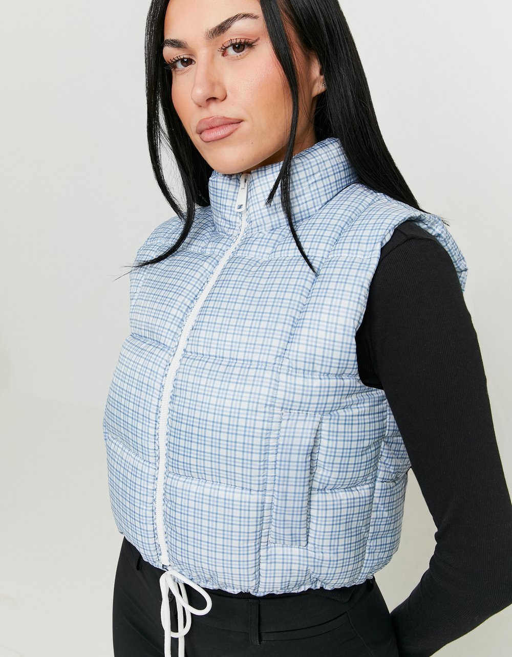 Ladies Lightweight Puffer Vest With Vichy Print-Side View