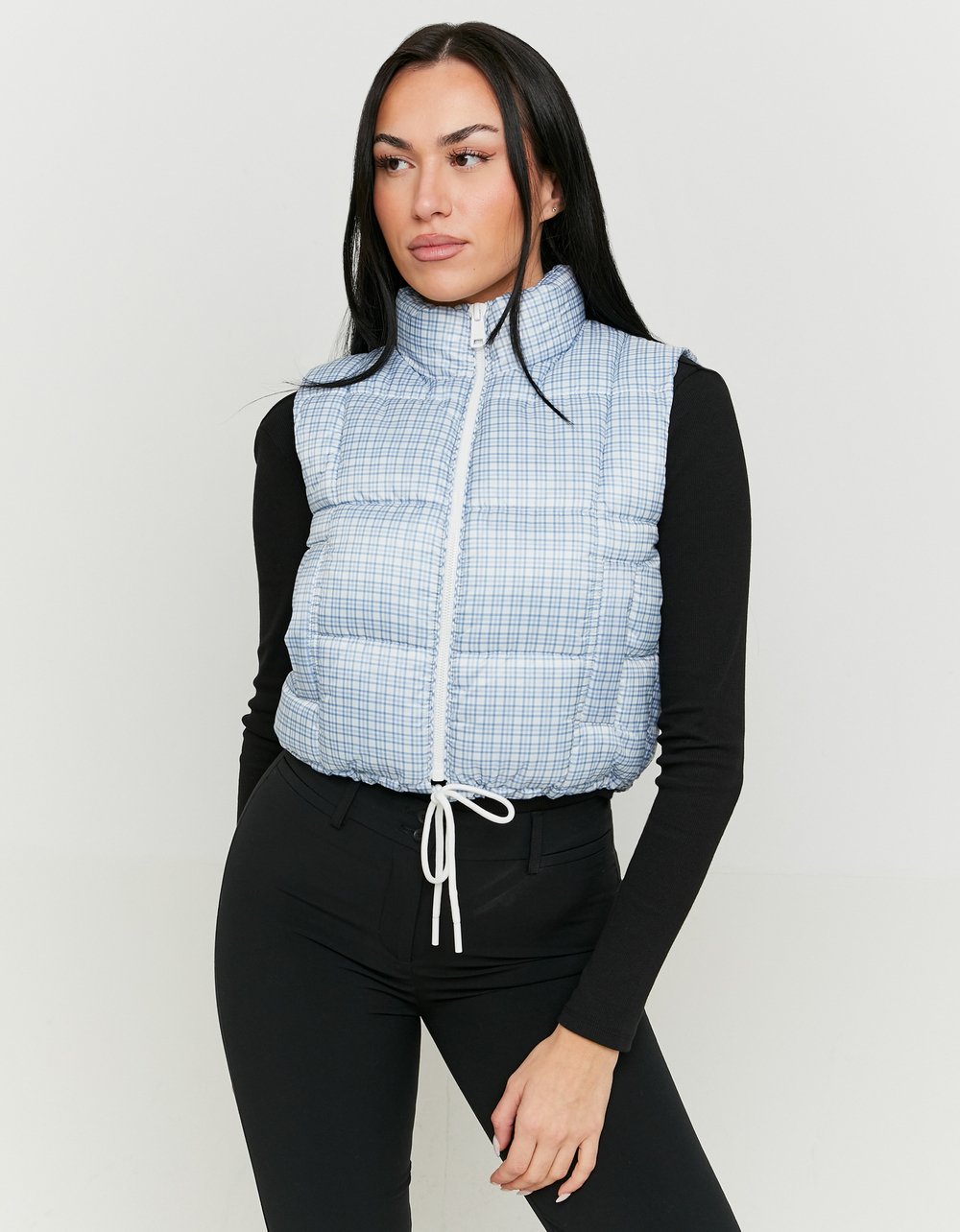 Ladies Lightweight Puffer Vest With Vichy Print-Model Full Front View