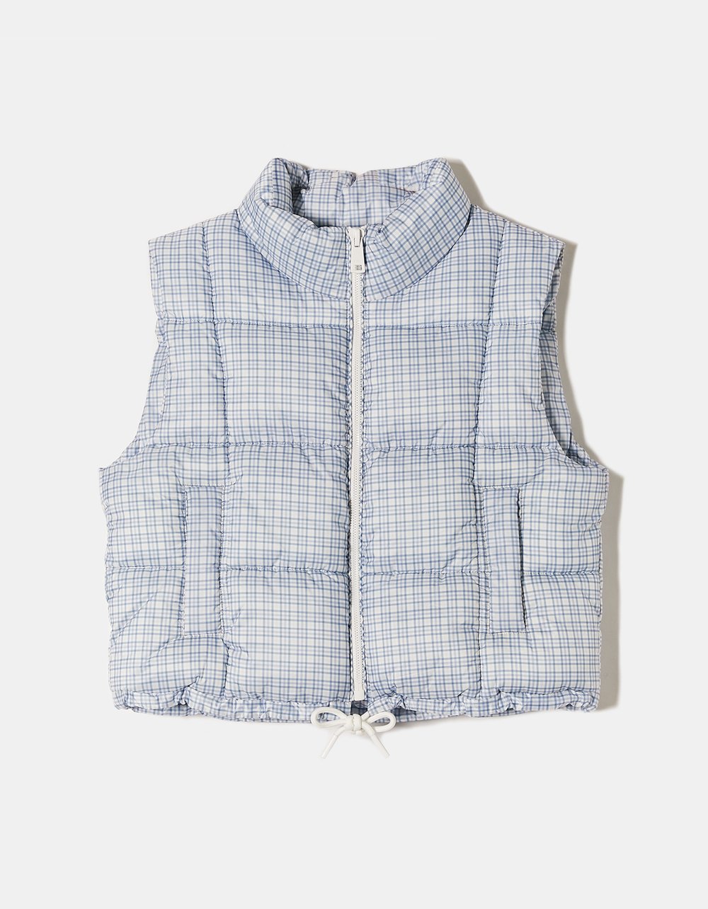 Ladies Lightweight Puffer Vest With Vichy Print-Ghost Front View