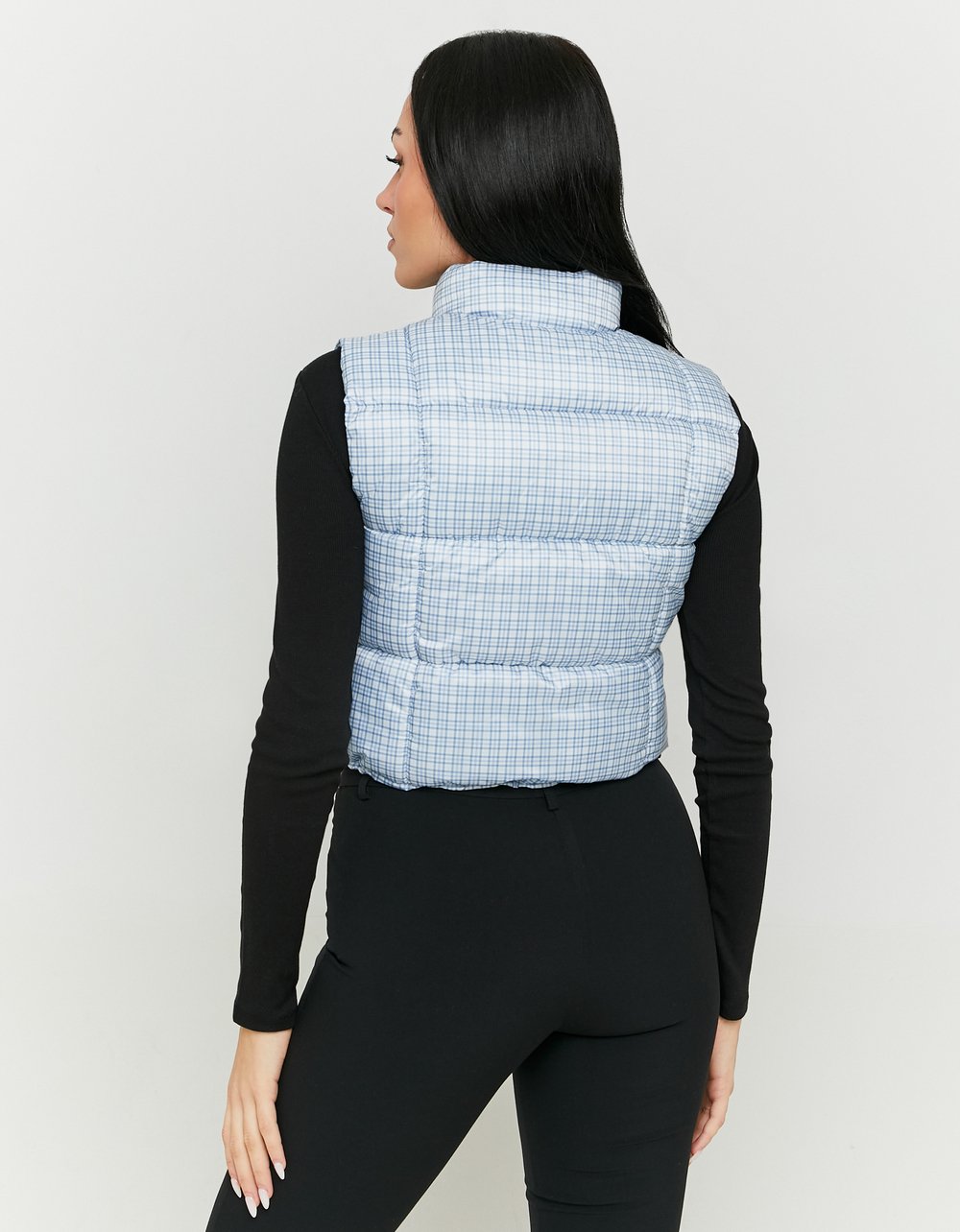 Ladies Lightweight Puffer Vest With Vichy Print-Model Back View