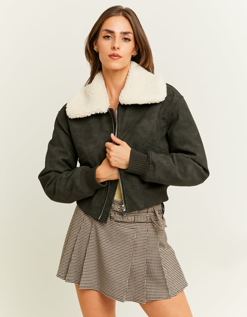 Ladies Aviator Jacket With Removable Shearling Collar-Model Front View
