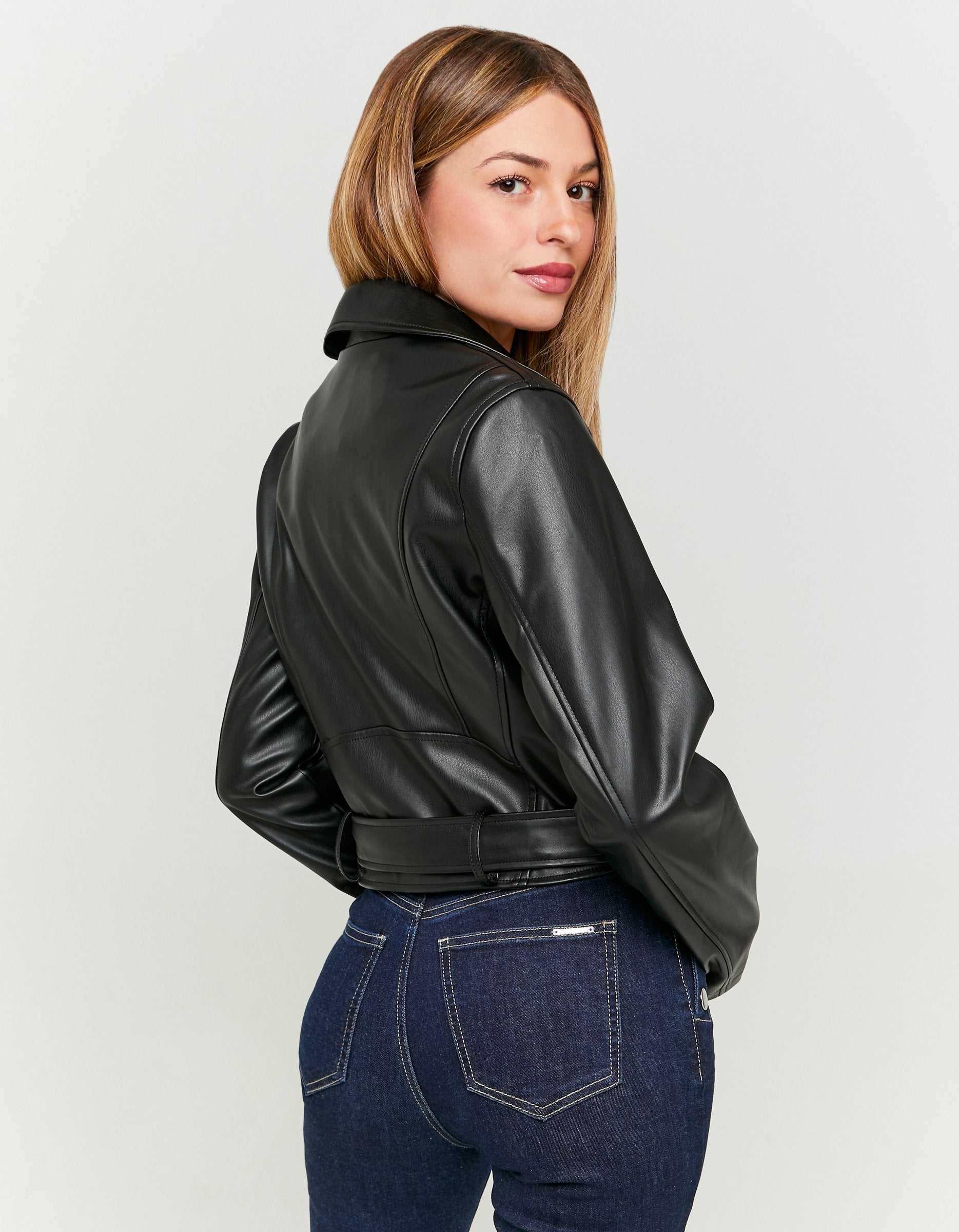 Ladies Black Faux Leather Biker Jacket-Model Back View