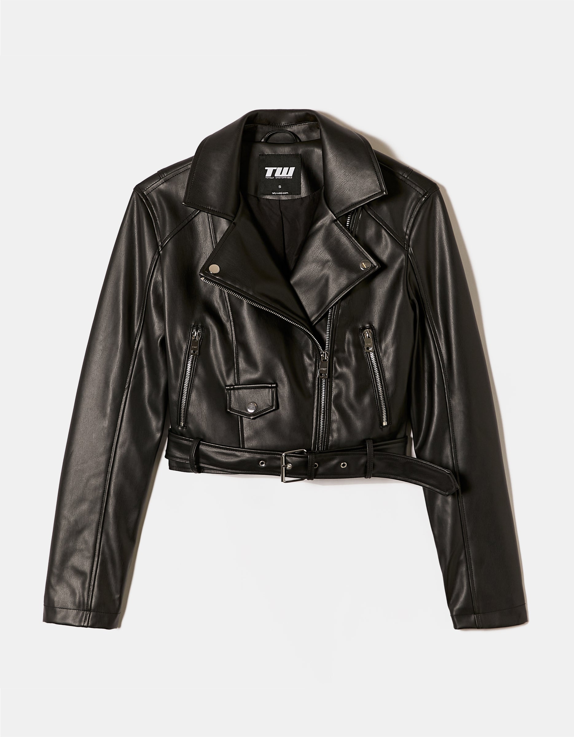 Ladies Black Faux Leather Biker Jacket-Ghost Front View