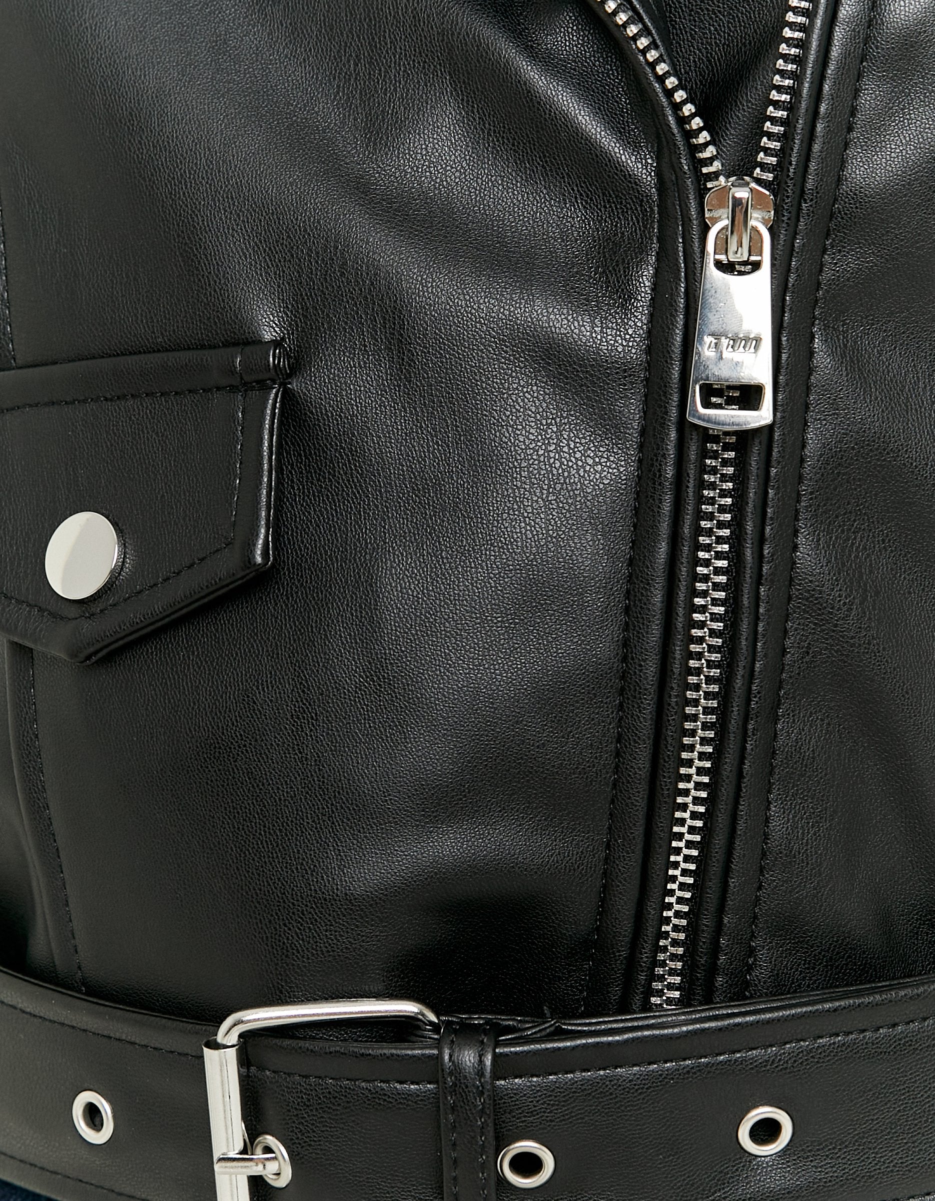 Ladies Black Faux Leather Biker Jacket-Zip Fastening View