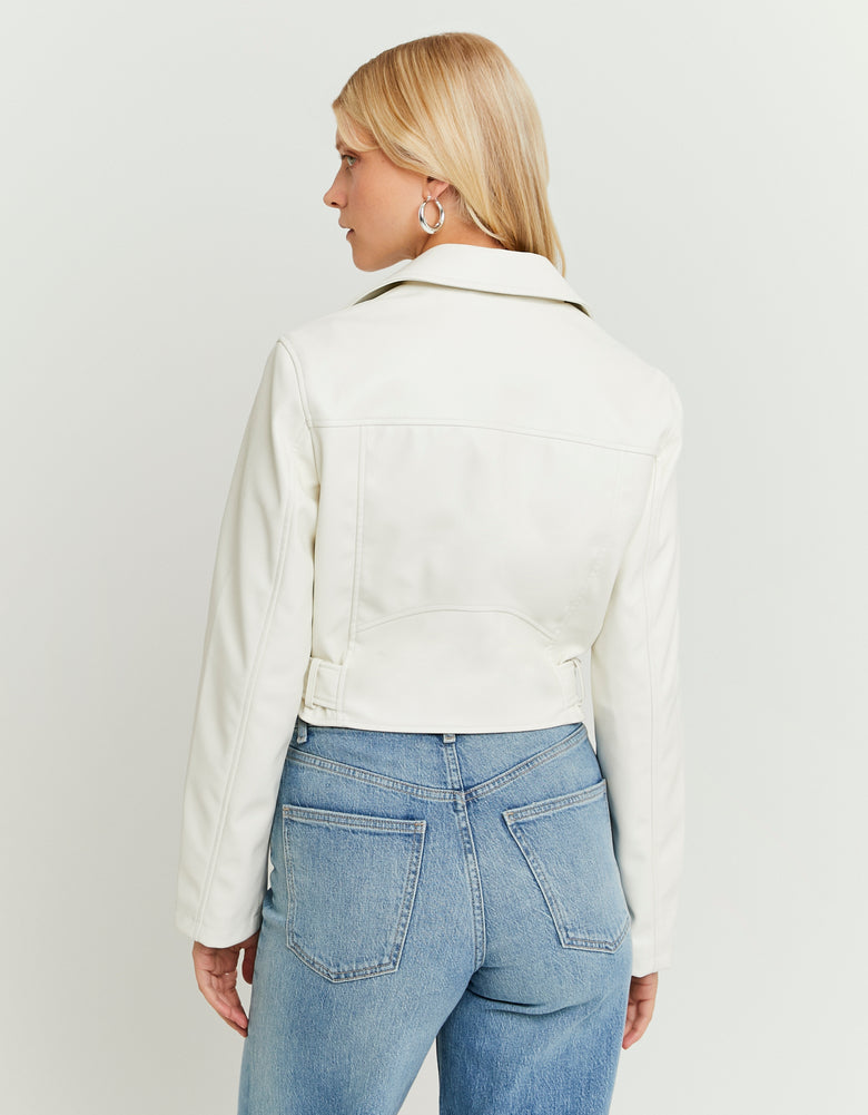 Model back view of women's white biker jacket