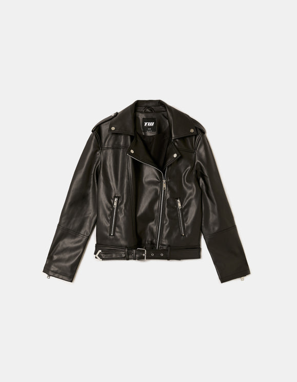 Tally Weijl Black Faux Leather Biker Jacket BLACK back view