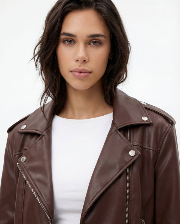 Tally Weijl Brown Faux Leather Biker Jacket BROWN flat front view