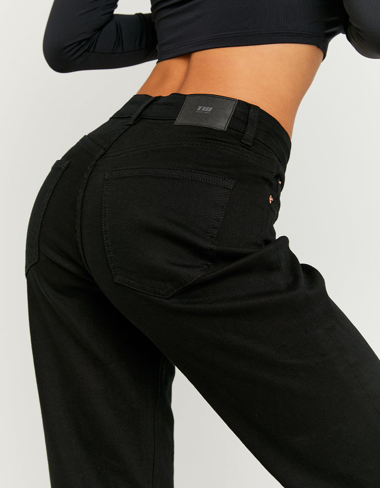 Ladies Mid-Waist Black Straight Trousers-Back Pocket View