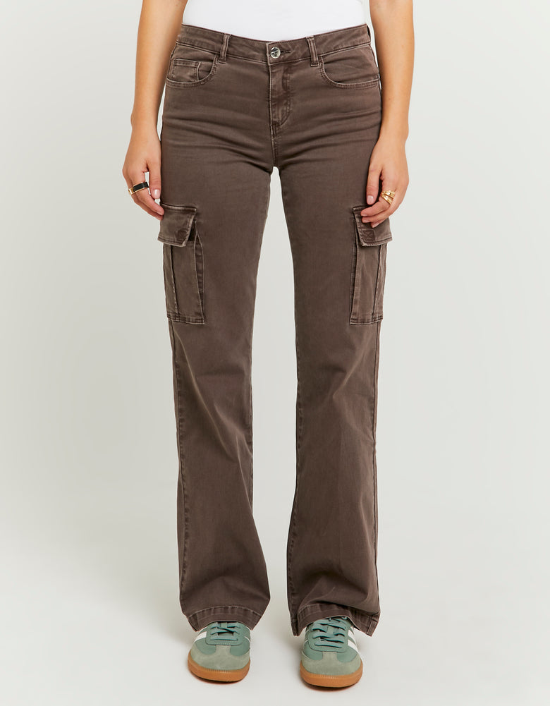 Ladies Brown Bootcut Cargo Trousers-Closer View of the Front