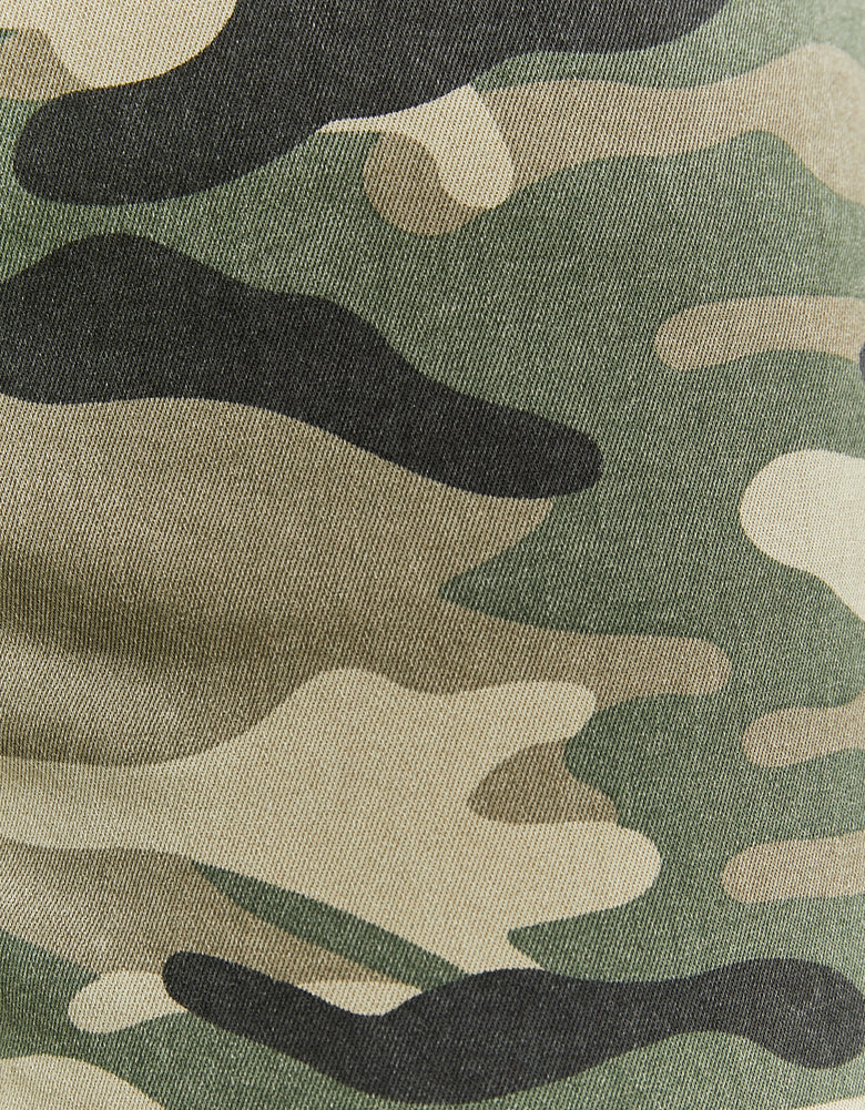 Close-up detail of the camouflage cargo trousers fabric and pocket