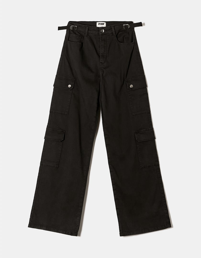 Ladies Black High Waist Wide Leg Trousers-Front View