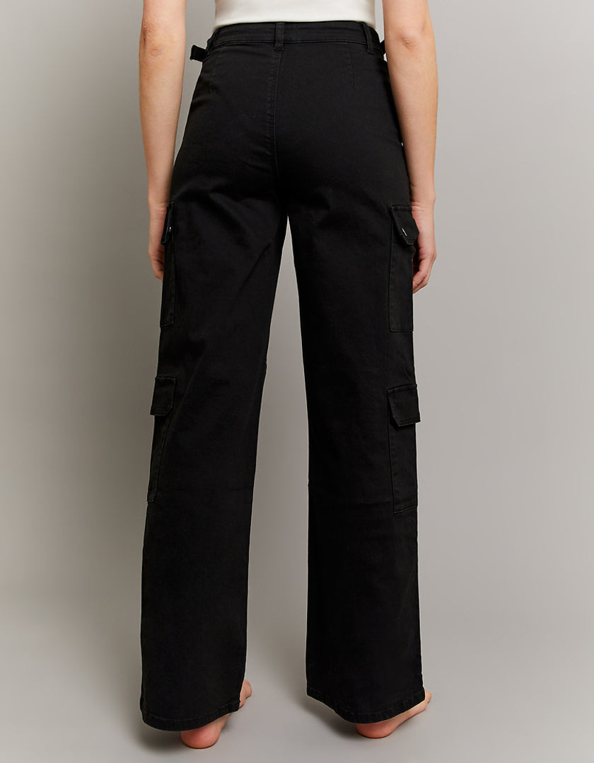 Ladies Black High Waist Wide Leg Trousers-Model Back View