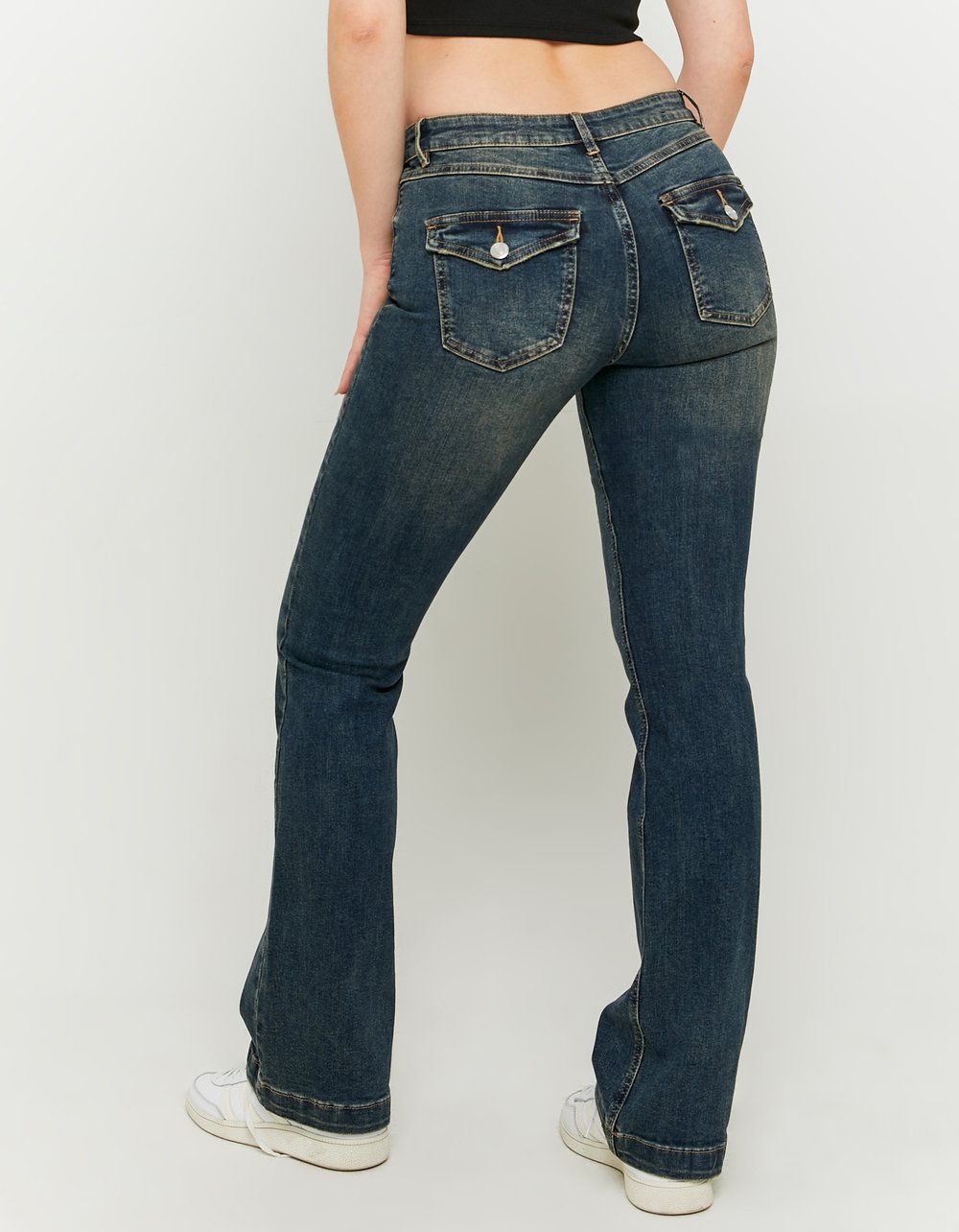 Mid Waist Bootcut Jeans - Blue-Model Full Back VIew