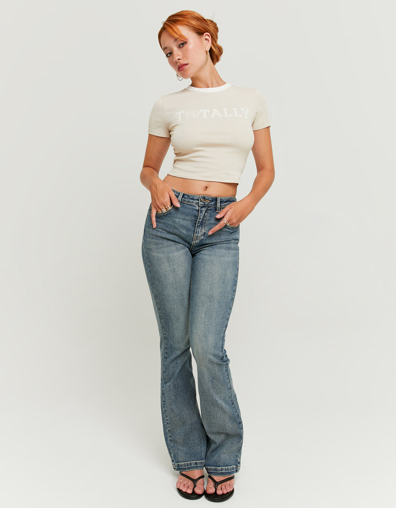 Ladies Bootcut Mid Waist Blue Jeans-Model Full Front View