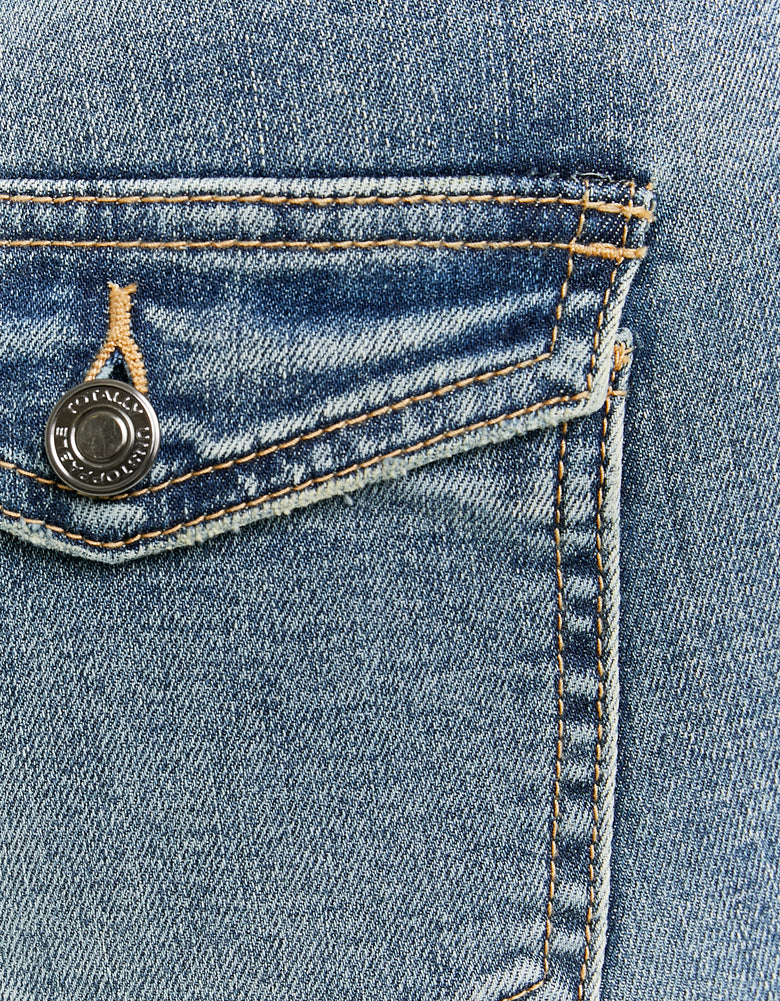 Ladies Bootcut Mid Waist Blue Jeans-Close Up View of Pocket
