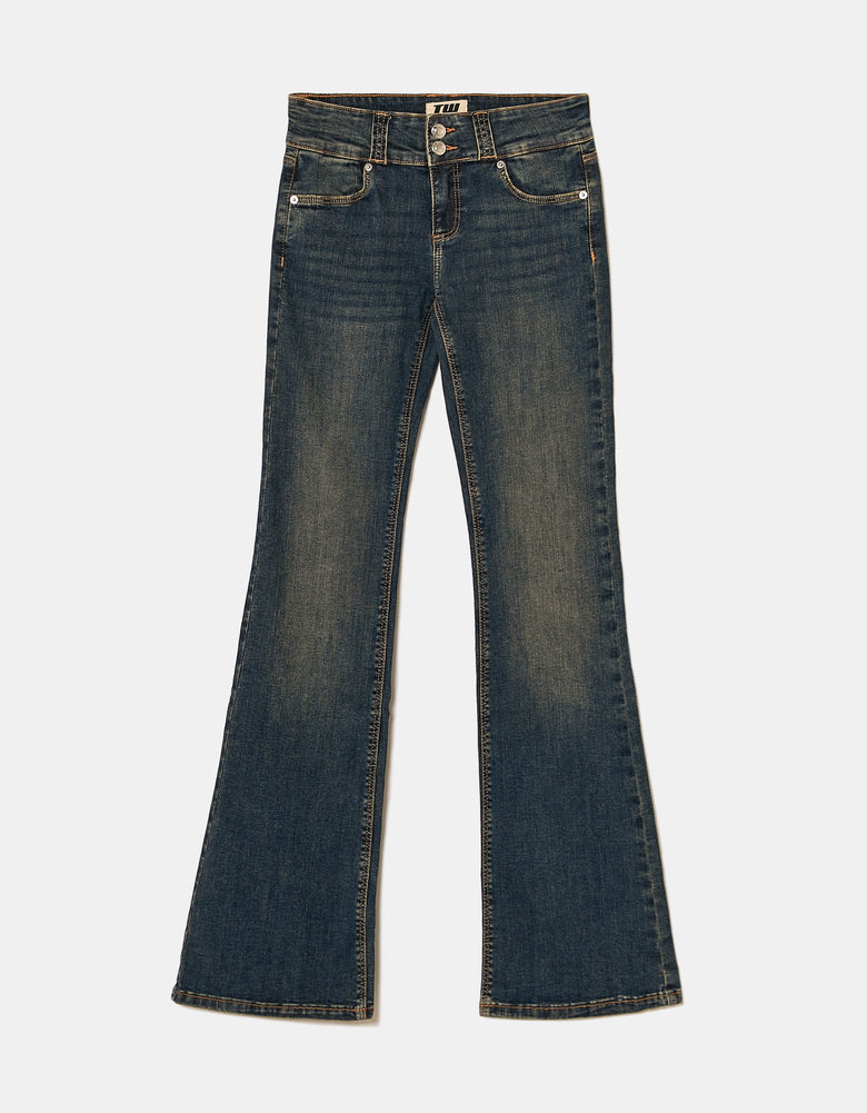 Ladies Low-Waist Blue Bootsut Jeans-Ghost Front View