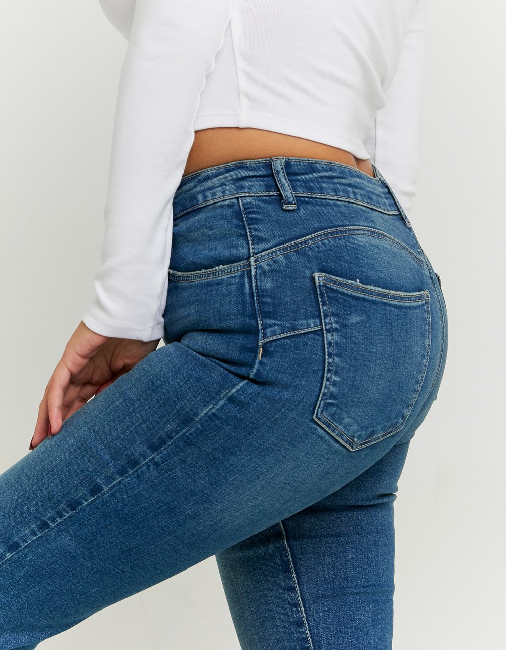 Ladies Blue Mid Waist Push Up Flare Jeans-Side View