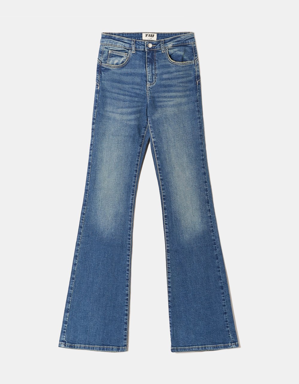 Ladies Blue Mid Waist Push Up Flare Jeans-Ghost Front View