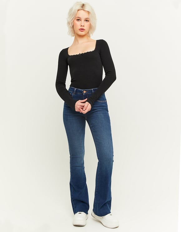 Ladies Push Up Flared Jeans With Medium Waist-Model Full Front View