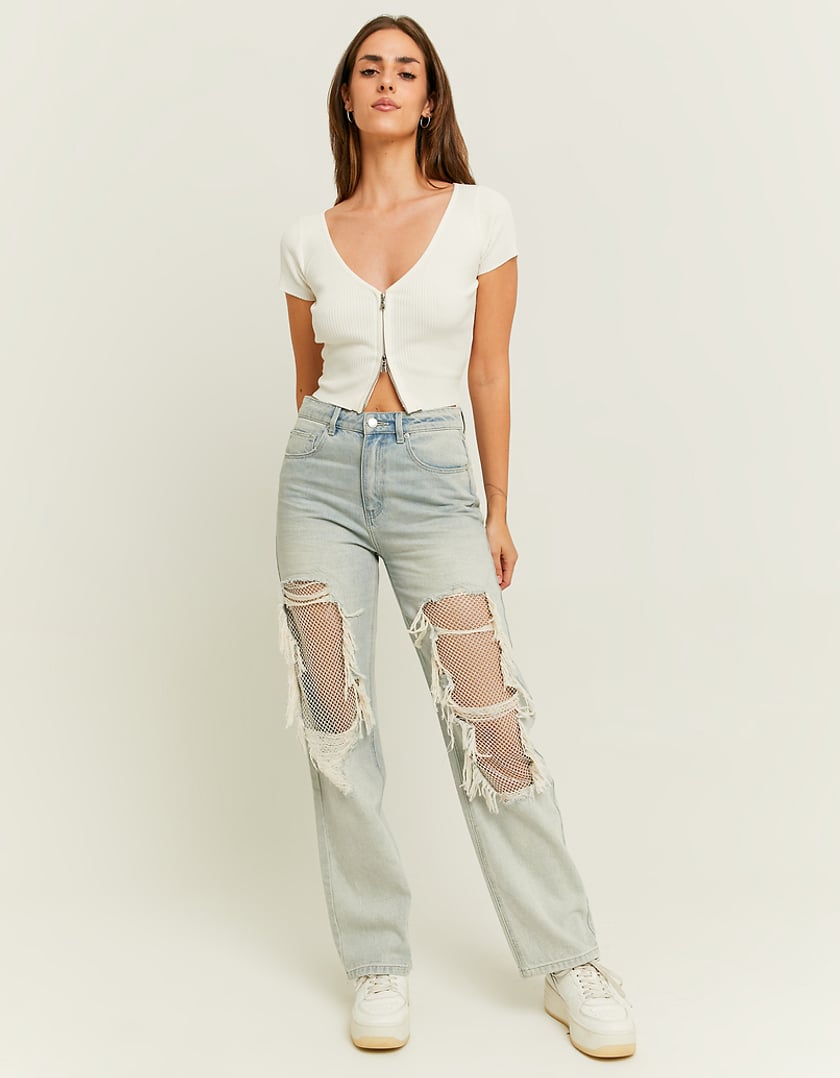 Tally Weijl Light Stone Wash Straight Jeans With Destroys BLUE model front view