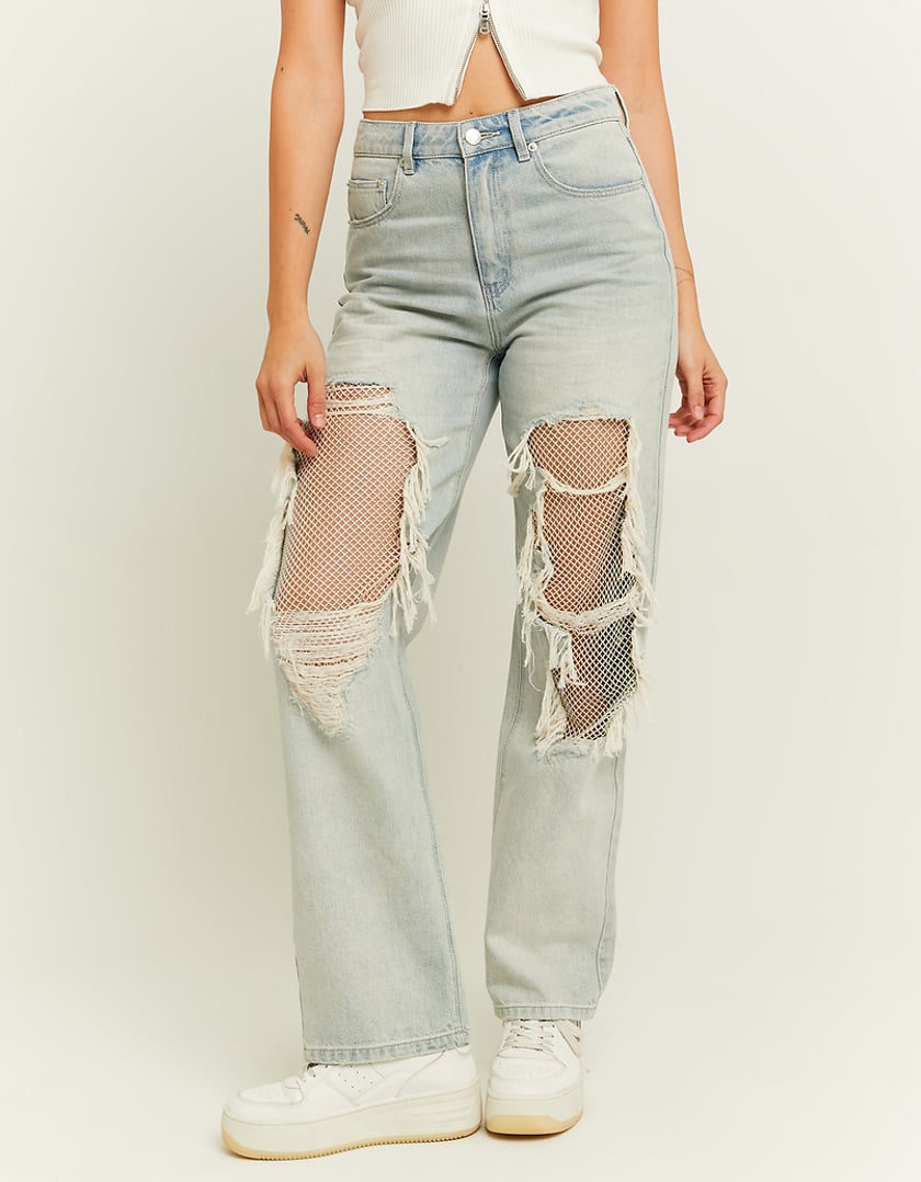 Ladies Light Stone Wash Straight Jeans With Destroys-Leg View