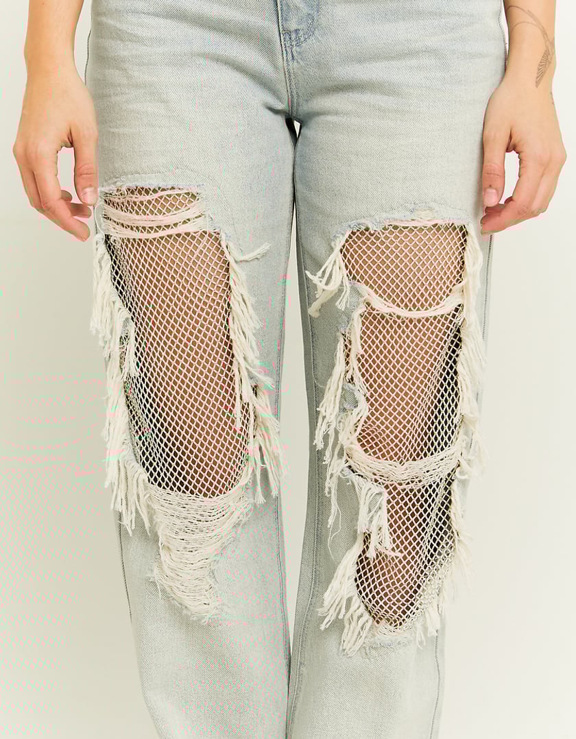 Ladies Light Stone Wash Straight Jeans With Destroys-Close Up View