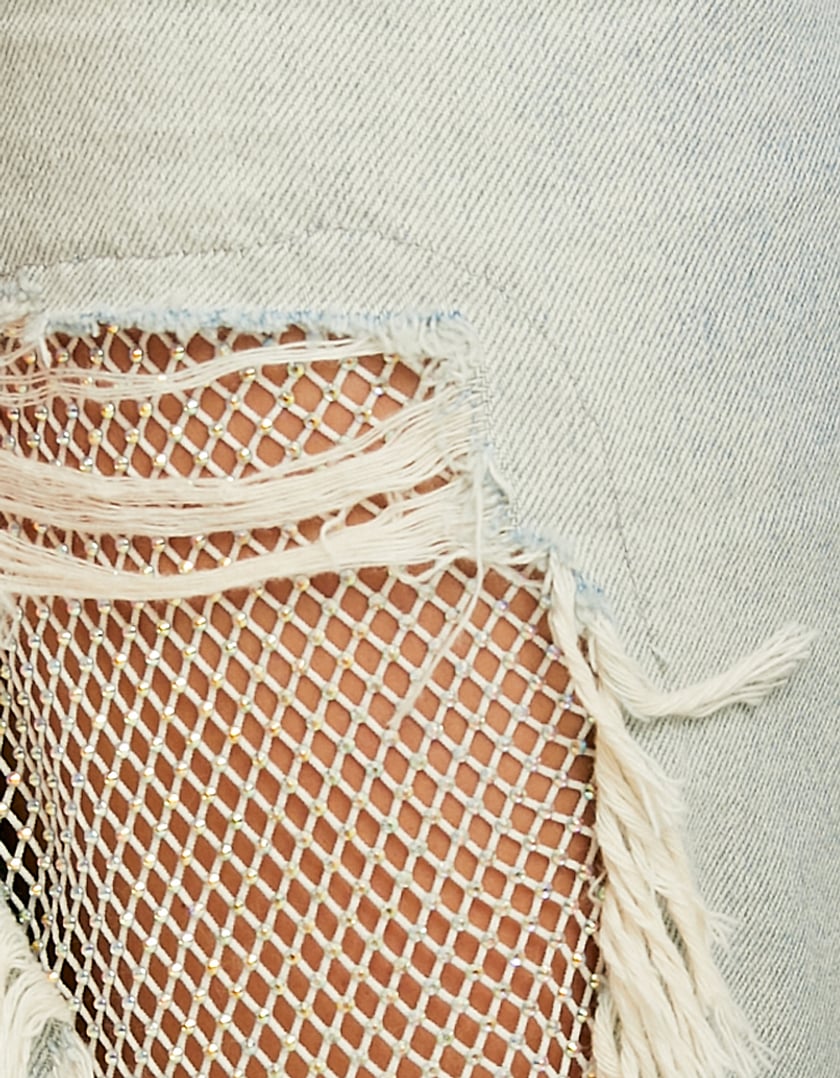 Ladies Light Stone Wash Straight Jeans With Destroys-Closer View