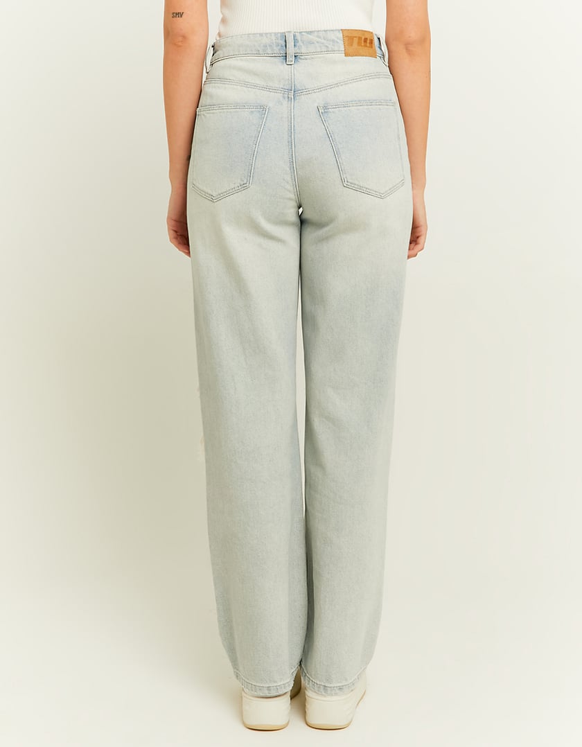 Ladies Light Stone Wash Straight Jeans With Destroys-Back View