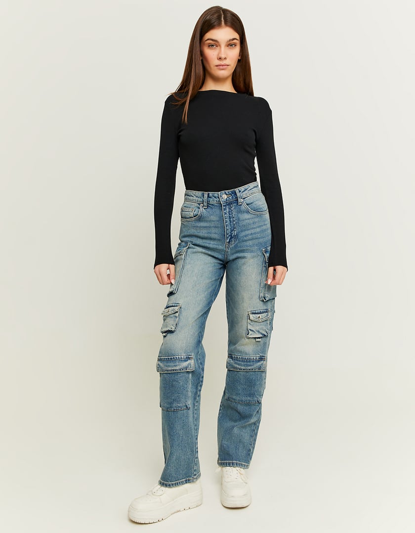 Ladies Mid Waist Cargo Jeans With Multiple Pockets-Model Full Front View